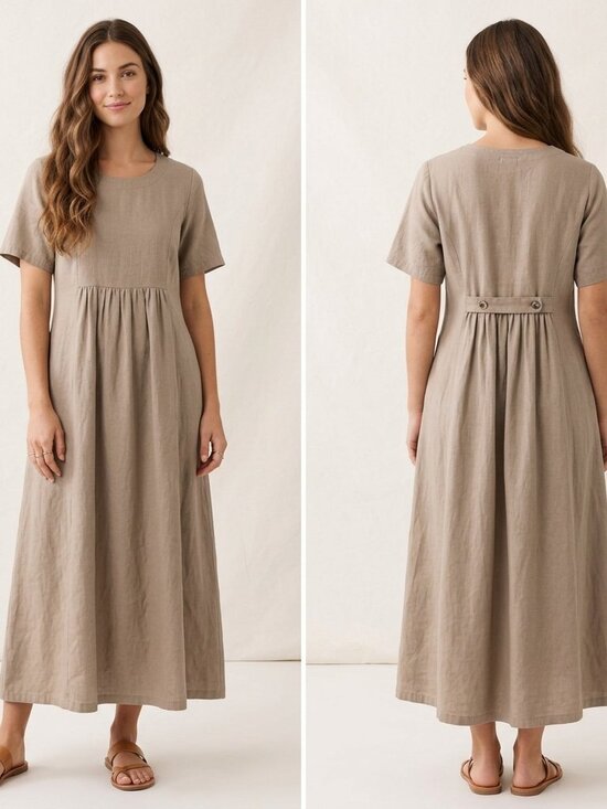 Color Me Cotton Dresses & Skirts - CMC Color Me Cotton Linen-Look Dress Small S Beige Tan Midi Pocket Made In USA